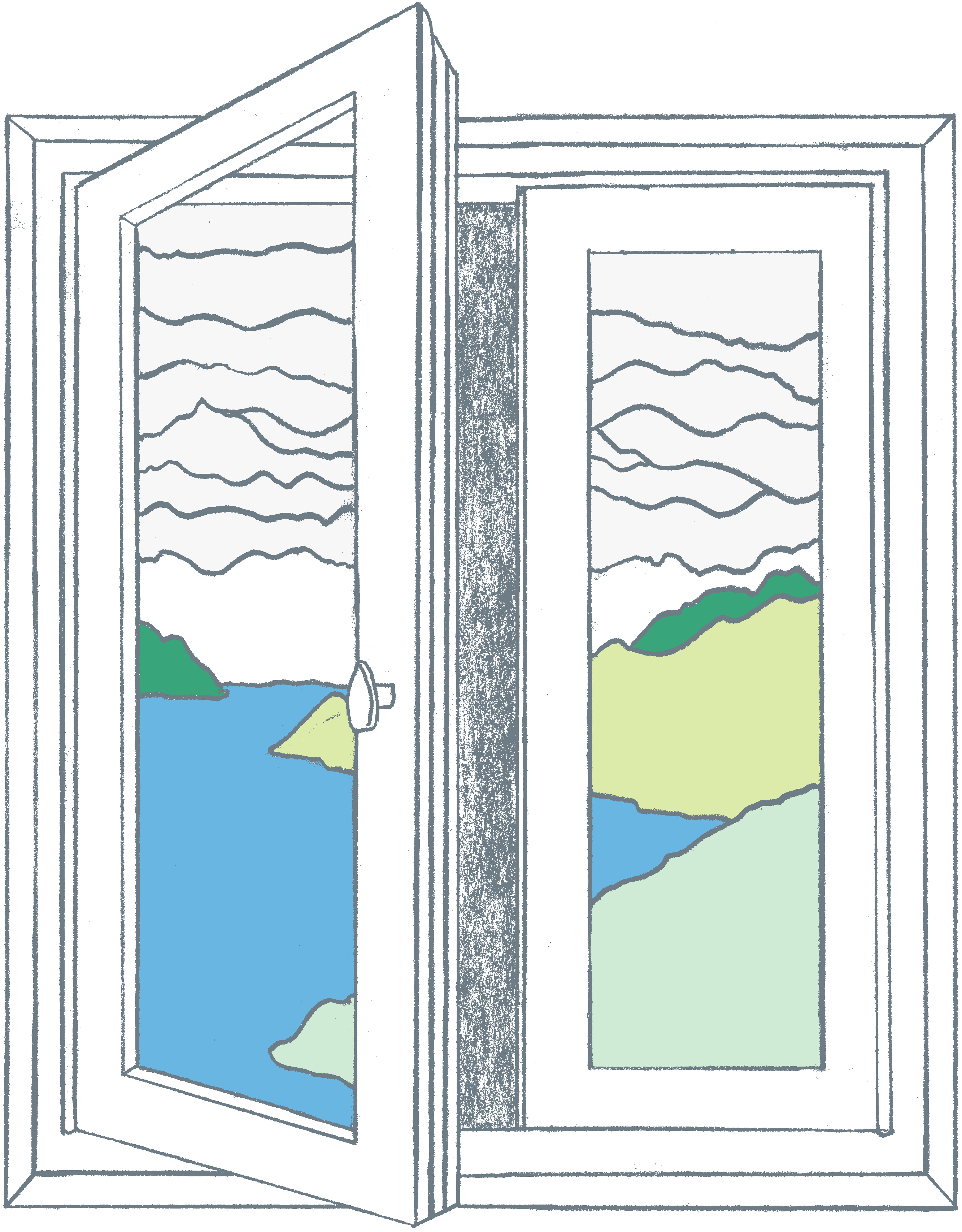 창문 안에 구름이 켜켜이 쌓인 저기압 날씨의 바닷가 풍경이 비춰 보인다. 창문 밖은 깜깜하다.